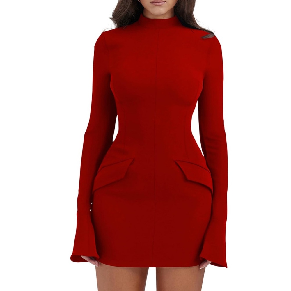 Women’s Long Sleeve Mock Neck Turtle Neck Bodycon Mini Party Dress in Red